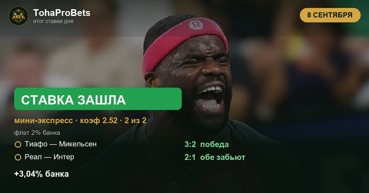 Итог ставки дня 8 сентября — экспресс за 2.52 зашёл: Тиафо обыграл Микельсена в пяти сетах, Реал и Интер обменялись голами
